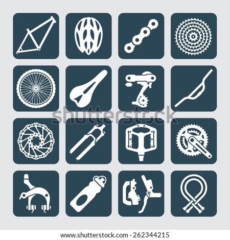 Icons set of bicycle parts and accessories. Vector illustration.