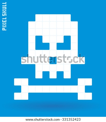 Pixel art skull and bone isolated, vector illustration