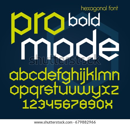 Hexagonal futuristic bold font. Vector alphabet illustration of english letters and numbers in modern geometric style.