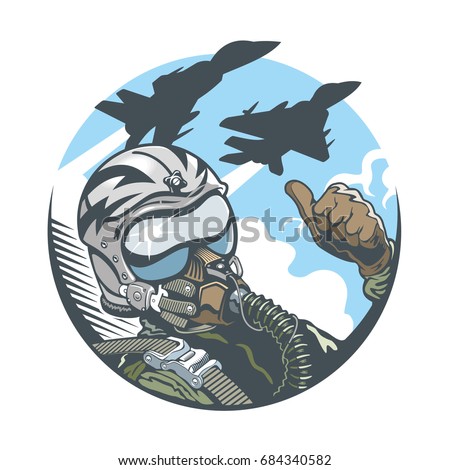 Fighter Pilot in cockpit and two jet fighters. Emblem, t-shirt design. Vector illustration.