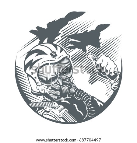 Fighter Pilot in cockpit and two jet fighters. Emblem, t-shirt design. Vector black and white illustration.