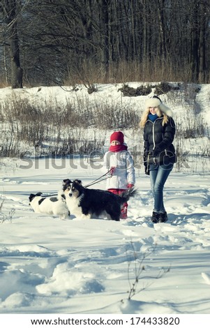 Girl on a walk with the dogs