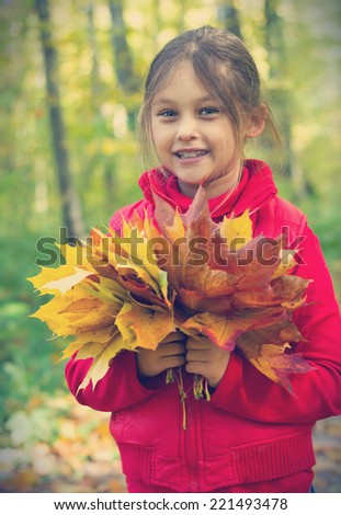 beautiful little girl and a bouquet of autumn leaves