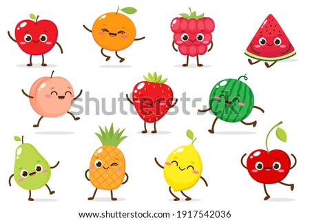 Cute cartoon apple, raspberry, strawberry, watermelon, pineapple, peach, orange, pear, cherry and lemon. Cartoon fruit character set. Funny emoticon in flat style. Food emoji vector illustration