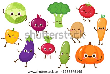 Cartoon vegetable characters collection. Cute cabbage, cucumber, carrot, broccoli, tomato, pepper for kids Vector food illustration