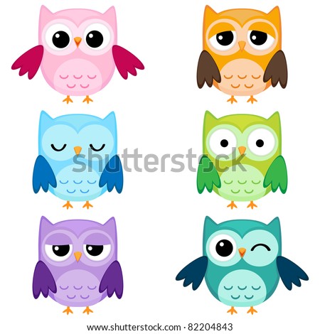 stock vector : Set of six cartoon owls with various emotions. Second set of two.