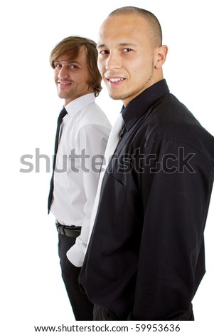 Two young businessman - one asian and one caucasian isolated over white background.