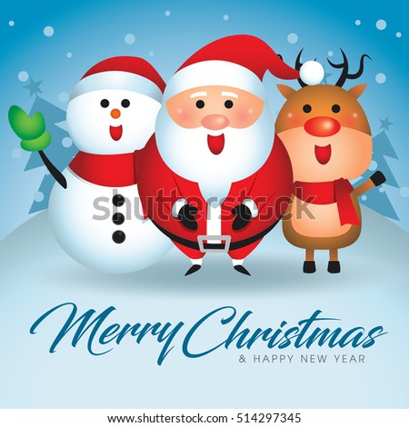 Merry Christmas Companions With Santa Claus, Snowman And Reindeer Stock ...