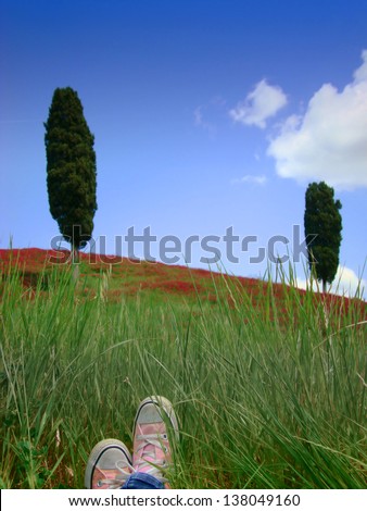 Rest and relax on the lawns of the Tuscan hills, with pink shoes in the foreground and cypress trees, flowers and blue sky background