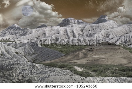 extraordinary landscape white mountains of Ustyurt in gray tones