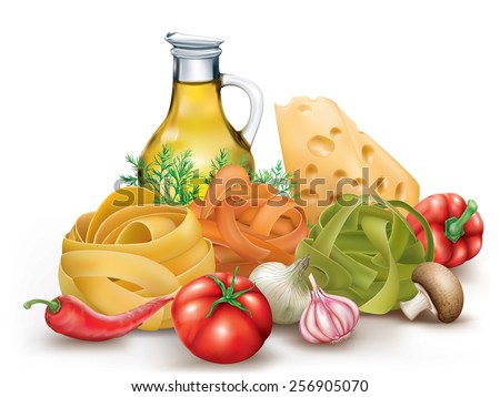 Italian pasta fettuccine nest, vegetables and olive oil. vector illustration