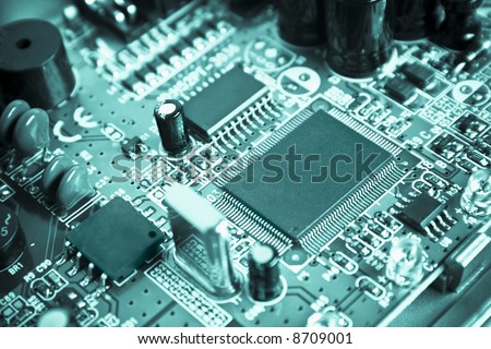 Cyan technological modern circuit with integrated circuits , capacitors, quartz