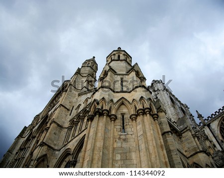 Architectural detail of York Minster York England against a grey sky