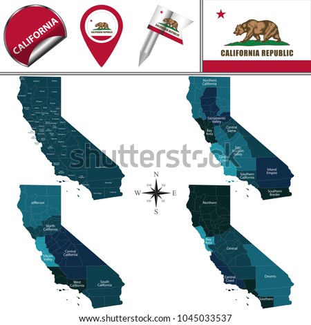 Vector map of California with named regions and travel icons