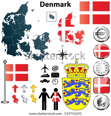 Vector set of Denmark country shape with flags, buttons and icons isolated on white background