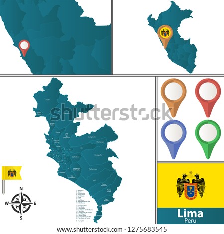 Vector map of Lima with named districts, pins icons and locations on Peruvian map