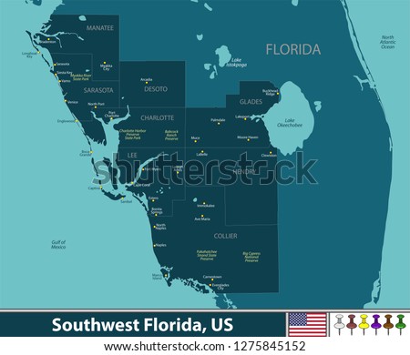 Vector set of Southwest Florida region, United States with neighboring counties