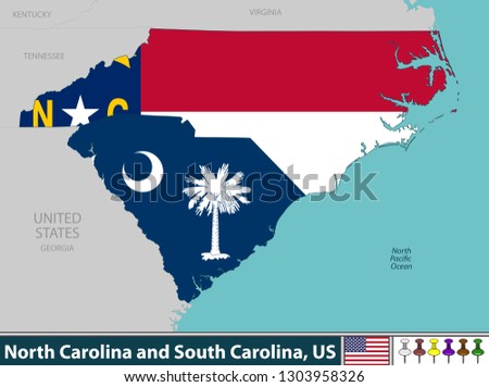 Vector of North Carolina and South Carolina states in East Coast region of United States with their flags inside borders