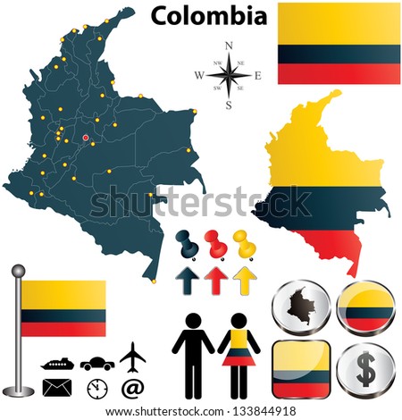 Vector of Colombia set with detailed country shape with region borders, flags and icons