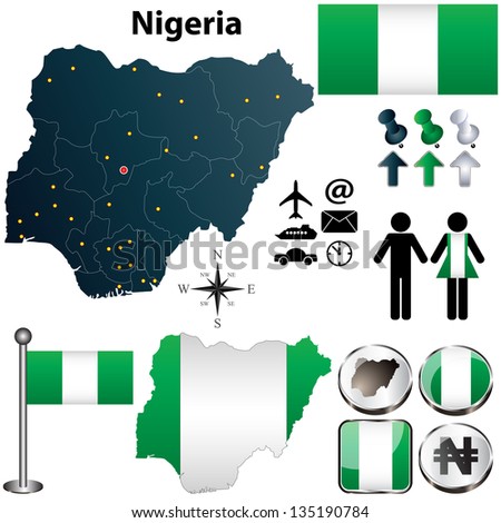 Vector of Nigeria map with flag, coat of arms and other icons on white