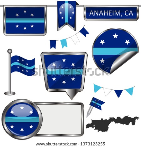 Vector glossy icons of flag of Anaheim, California in United States