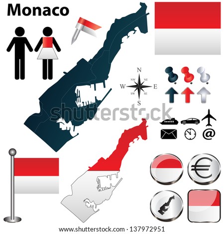 Vector of Monaco set with detailed country shape with region borders, flags and icons