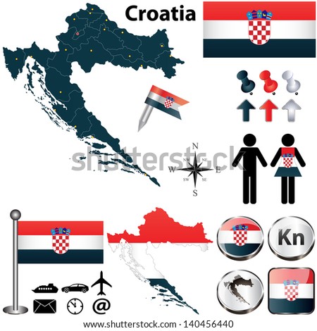 Vector of Croatia set with detailed country shape with region borders, flags and icons