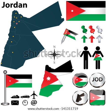 Vector of Jordan set with detailed country shape with region borders, flags and icons