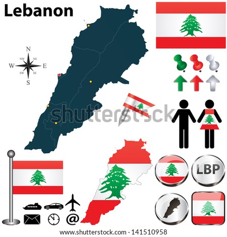 Vector of Lebanon set with detailed country shape with region borders, flags and icons