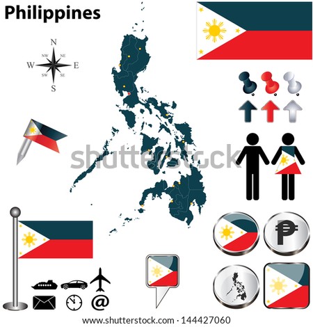 Vector of Philippines set with detailed country shape with region borders, flags and icons
