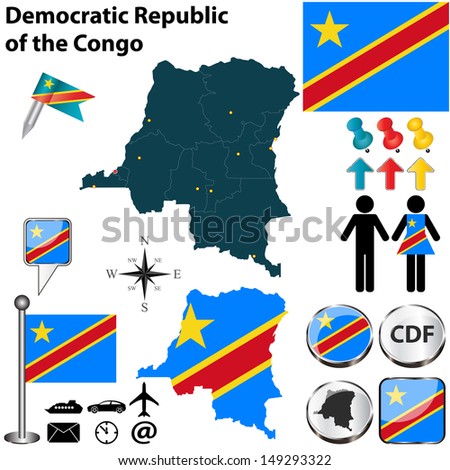 Vector of Democratic Republic of the Congo set with detailed country shape with region borders, flags and icons