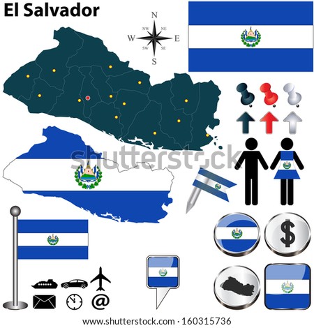Vector of El Salvador set with detailed country shape with region borders, flags and icons