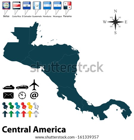 Vector of political map of Central America set with buttons flags on white background