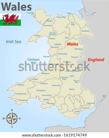 Vector map of Wales with named districts and icons