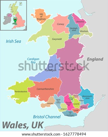 Vector map of Wales with named districts and location on the United Kingdom map