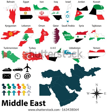 Vector Of Political Map Of Middle East Set With Maps And Flags On White ...