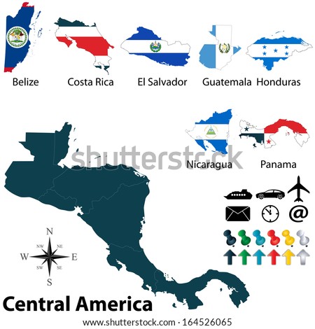 Vector of political map of Central America set with buttons flags on white background