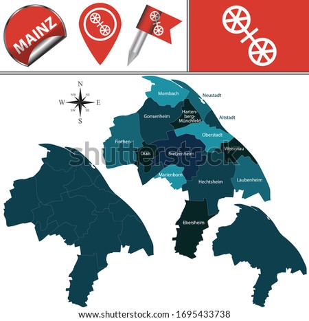 Vector map of Mainz, Germany with named districts and travel icons