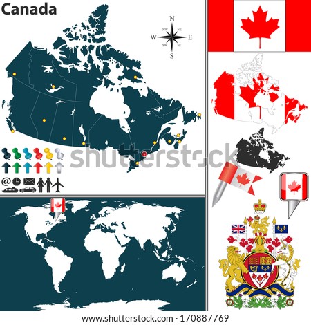 Vector map of Canada with regions, coat of arms and location on world map