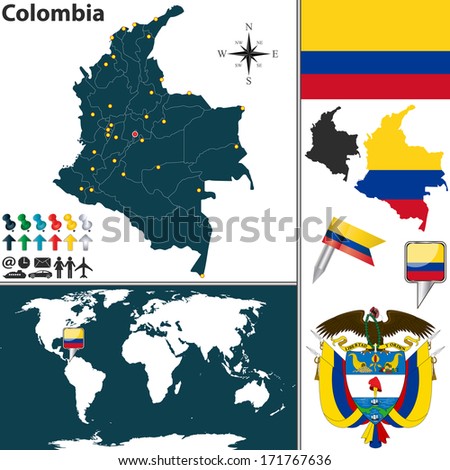 Vector map of Colombia with regions, coat of arms and location on world map