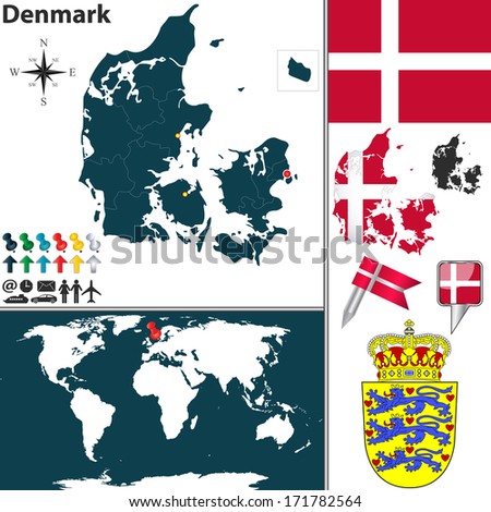 Vector map of Denmark with regions, coat of arms and location on world map