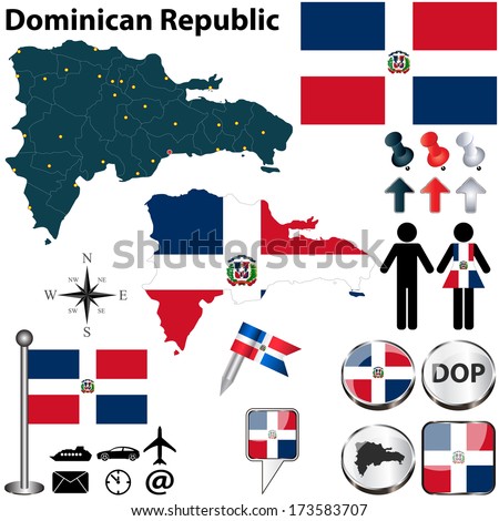 Vector of Dominican Republic set with detailed country shape with region borders, flags and icons