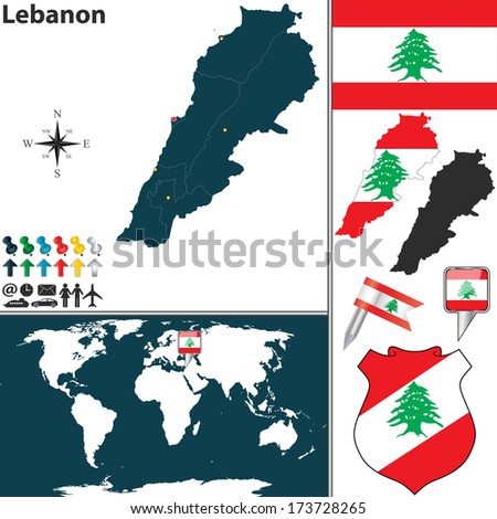 Vector map of Lebanon with regions, coat of arms and location on world map