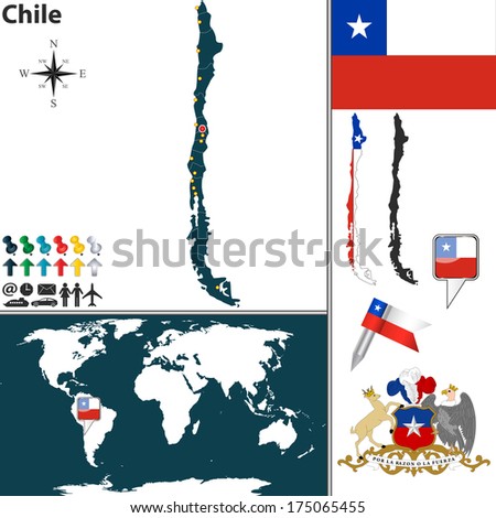 Vector map of Chile with regions, coat of arms and location on world map