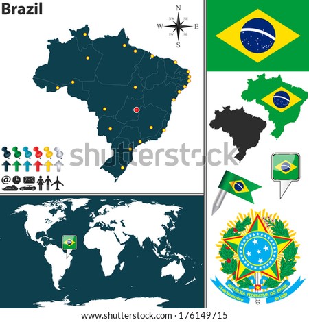 Vector map of Brazil with regions, coat of arms and location on world map