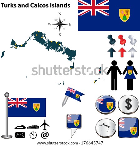 Vector of Turks and Caicos Islands set with detailed country shape with region borders, flags and icons