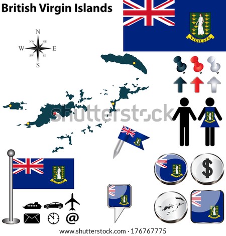 Vector of British Virgin Islands set with detailed country shape with region borders, flags and icons