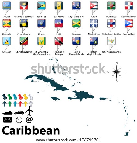 Vector of political map of Caribbean set with buttons flags on white background