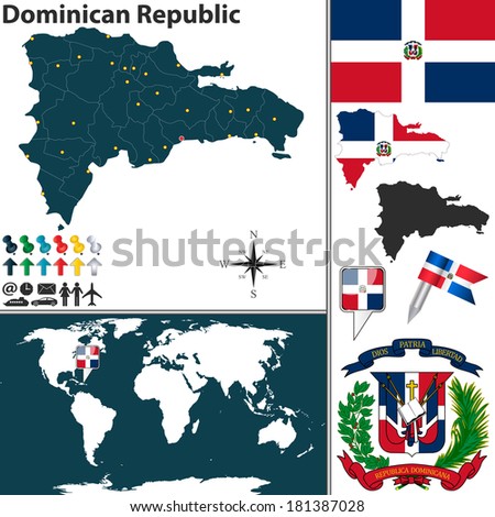 Vector map of Dominican Republic with regions, coat of arms and location on world map
