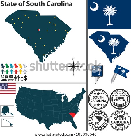 Vector set of South Carolina state with flag and icons on white background